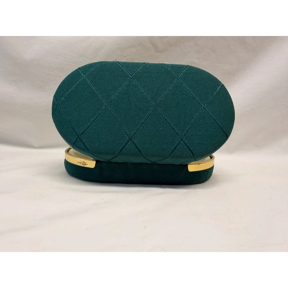 Vintage Green Quilted Jewelry Travel Case Gold Trim Mirror Ring Box Organizer